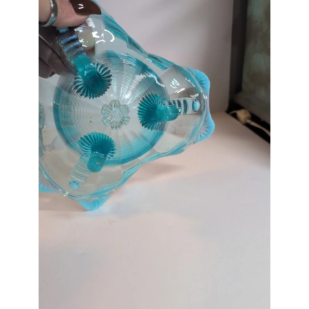 Northwood Glass‎ Klondyke Blue Opalescent 3 Footed Fluted Scroll Berry Dish